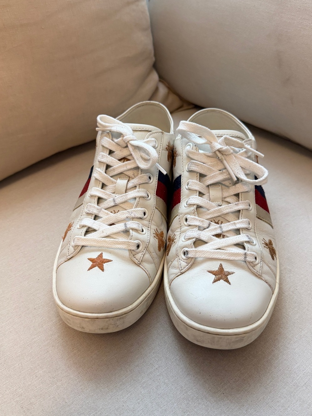 White Kids Leather Sneakers with Red & Blue Stripe and Gold Star Accents